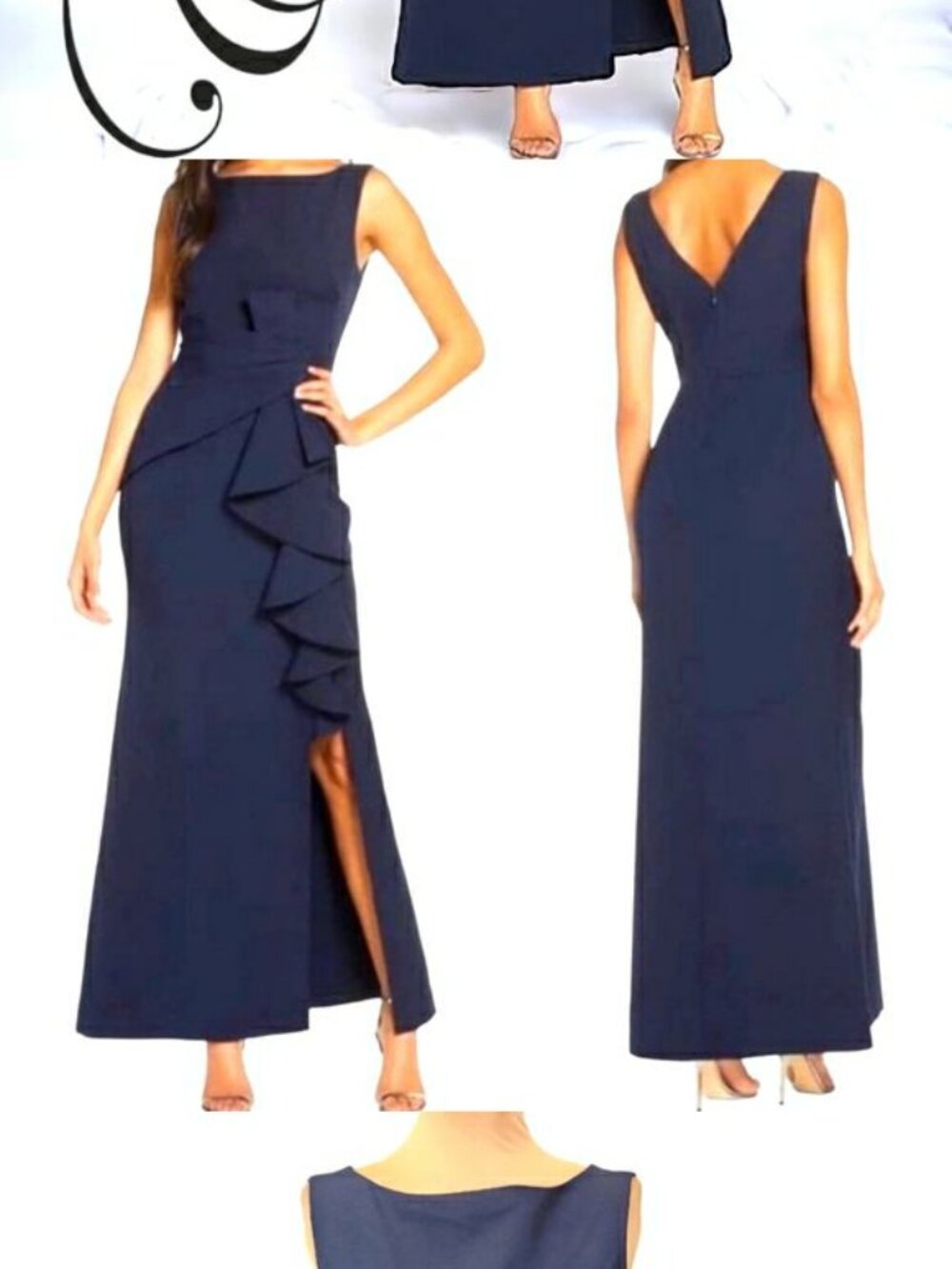 Eliza J Navy Blue Ruffle Front Sleeveless Wedding Guest Gown